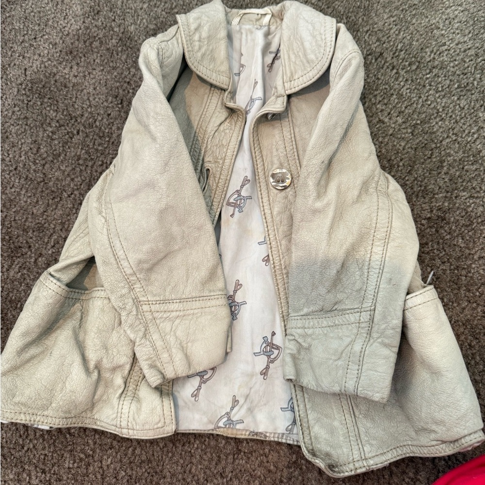 Kids Light Gray Leather Jacket with Printed Lining